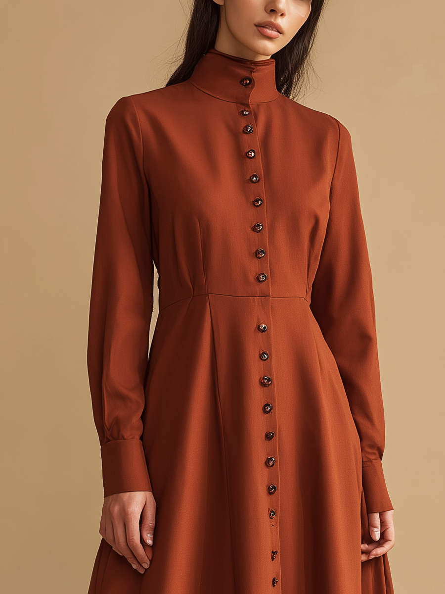 Women's Caramel-Colored Cotton Blend Stand Collar Maxi Dress MDA3045J7T