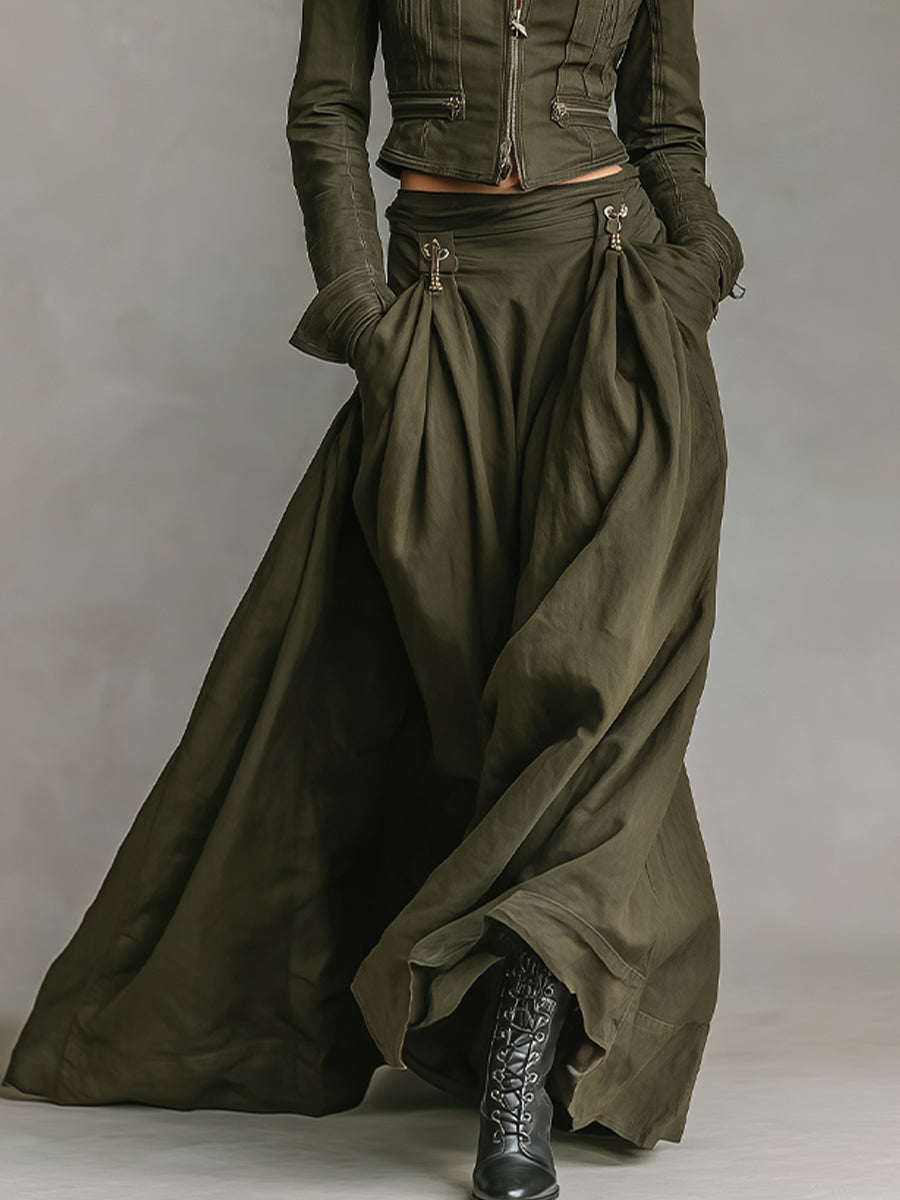 Women's Green Edgy 100% Cotton Zip - Front Cropped Jacket And Maxi Skirt Set MDA1819I7I