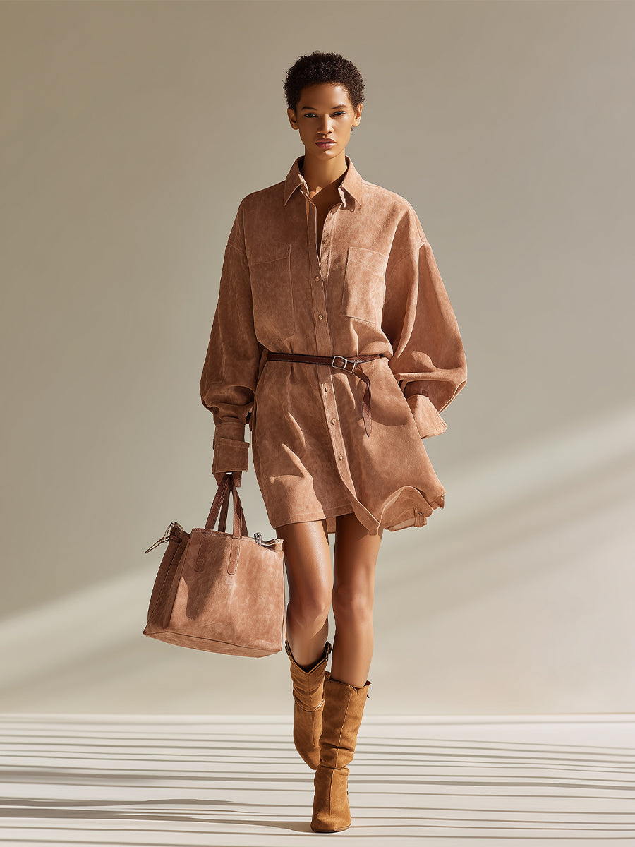 Women's Beige Elegant Suede Belted Oversized Shirt Mini Dress (Without Belt) MDA2229H6I