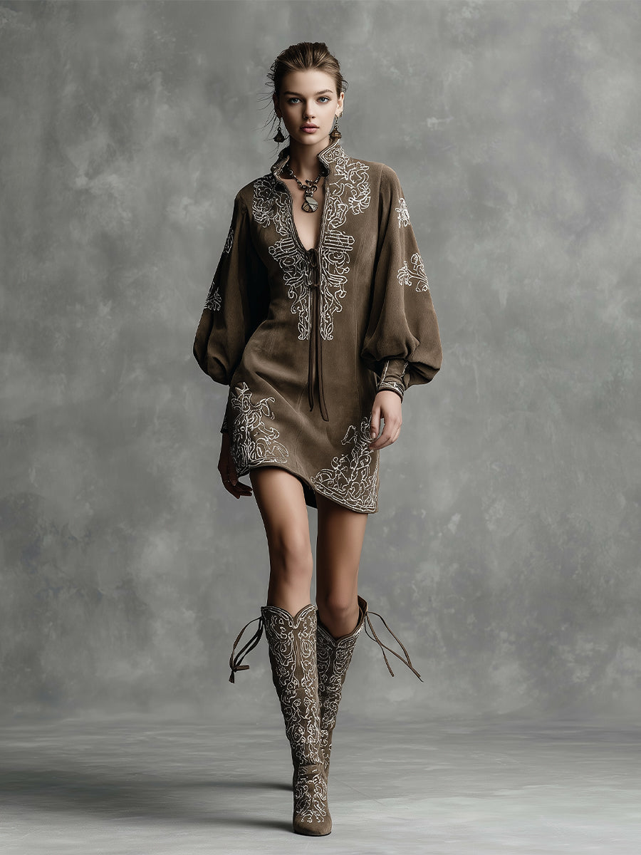 Women's Taupe Ethnic - Style Suede Embroidered Mini Dress MDA2602H5I