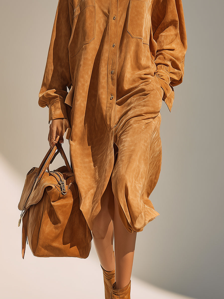 Women's Camel Elegant Suede Oversized Button - Front Shirt Midi Dress MDA2213H2I