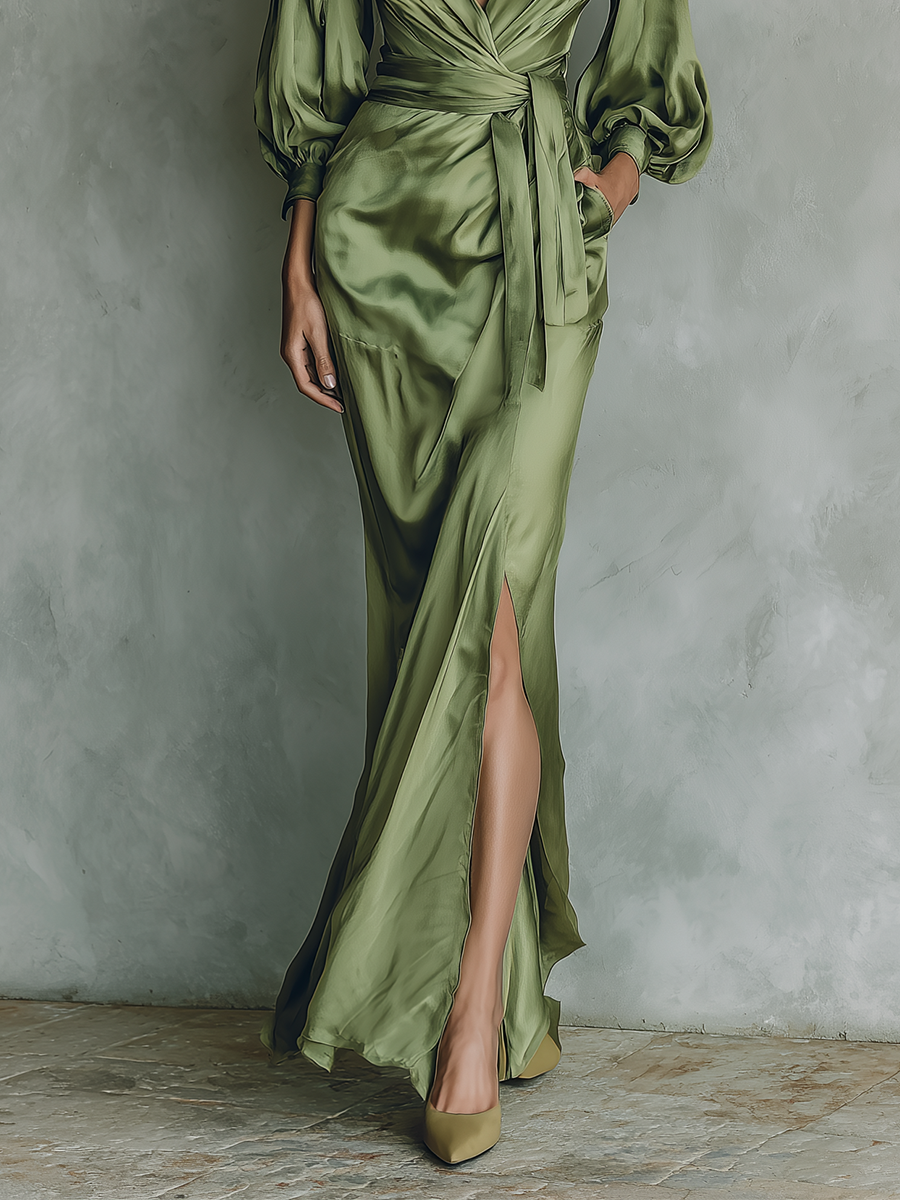 Women's Moss Green Satin Fitted Wrap Dress With Slit MDA2566K1T