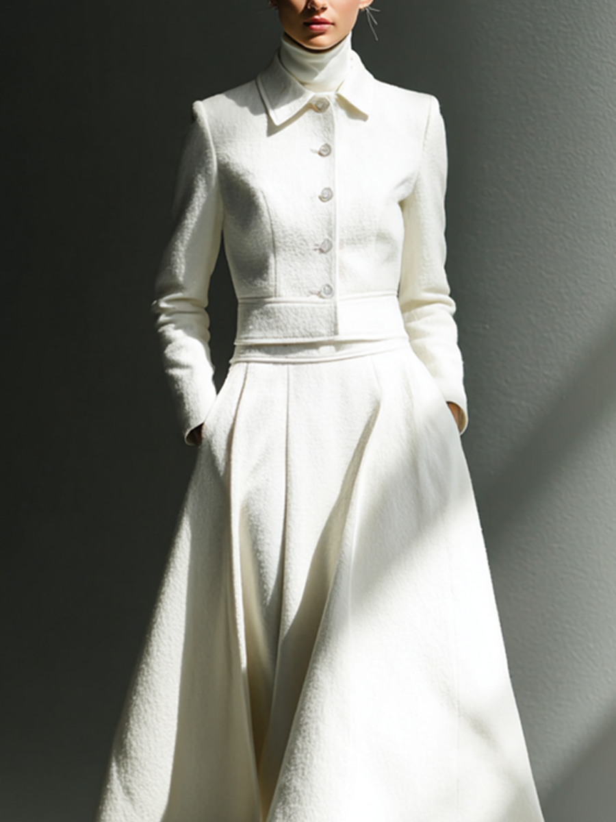 Women's Ivory Textured Jacket And Midi Skirt Set (Belt Not Included) MDA1278L5AP