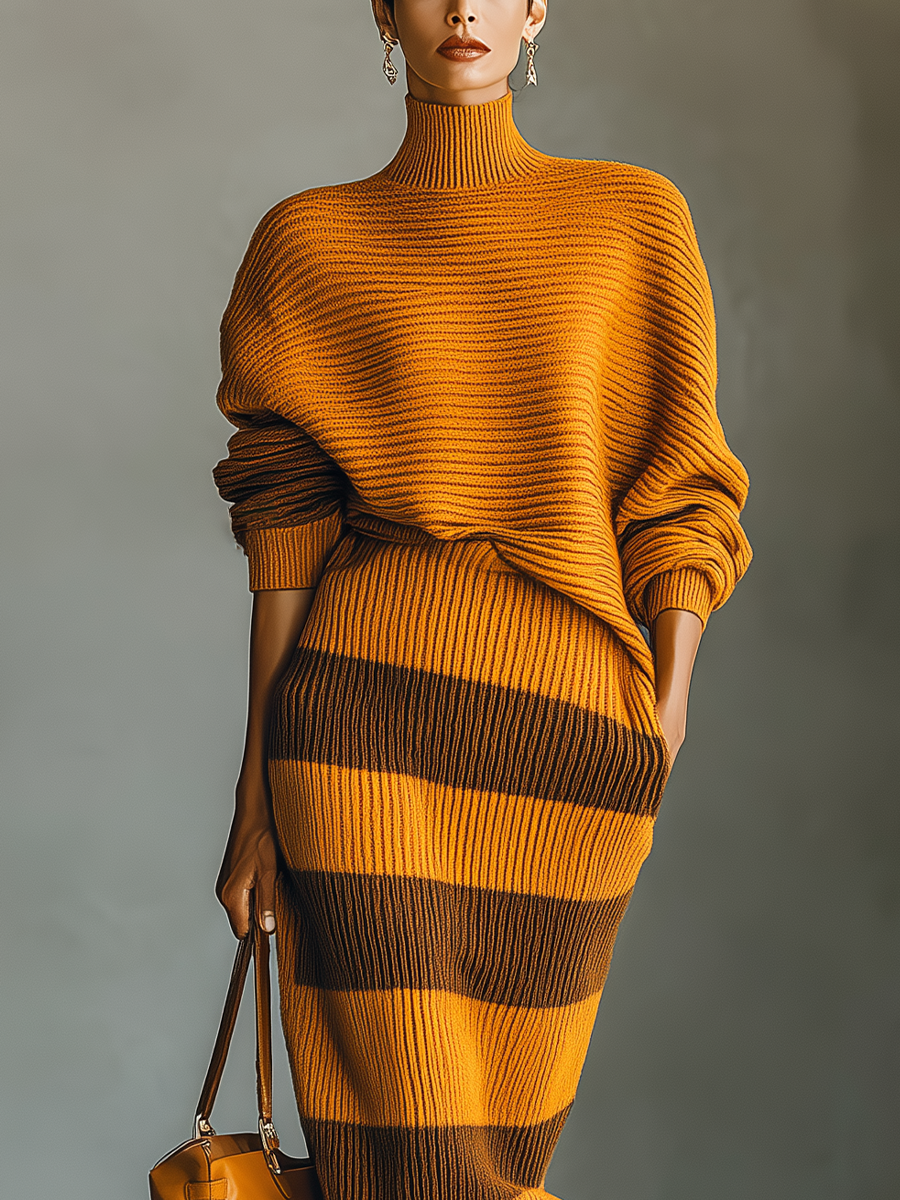 Women's Orange Ribbed Knit Turtleneck Batwing Top And Brown Striped Skirt Set MDA0840I9T