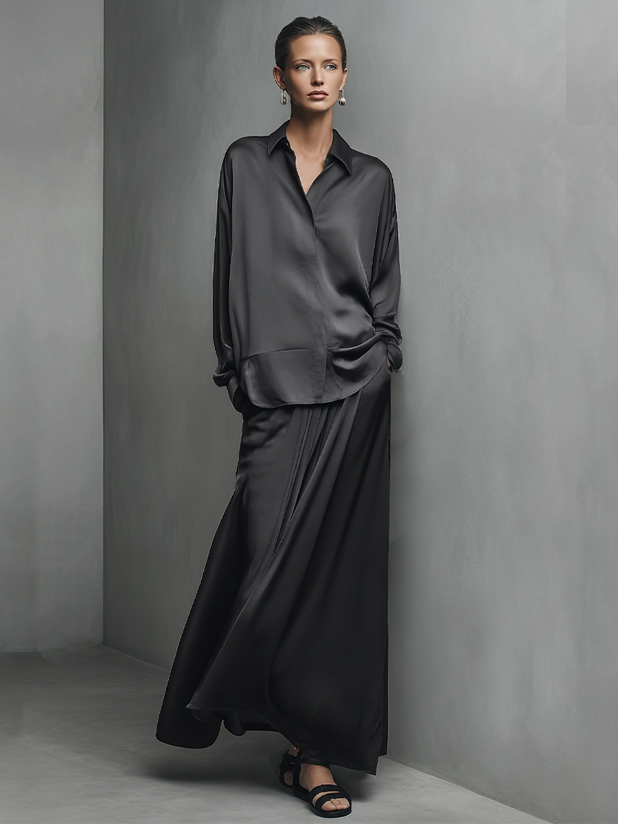 Women's Black Glossy Satin Matching Outfit With Turn Down Collar Shirt & Wide Swing Maxi Skirt, Versatile Evening Vacation Two-Piece Set MDZ1375G3LYL