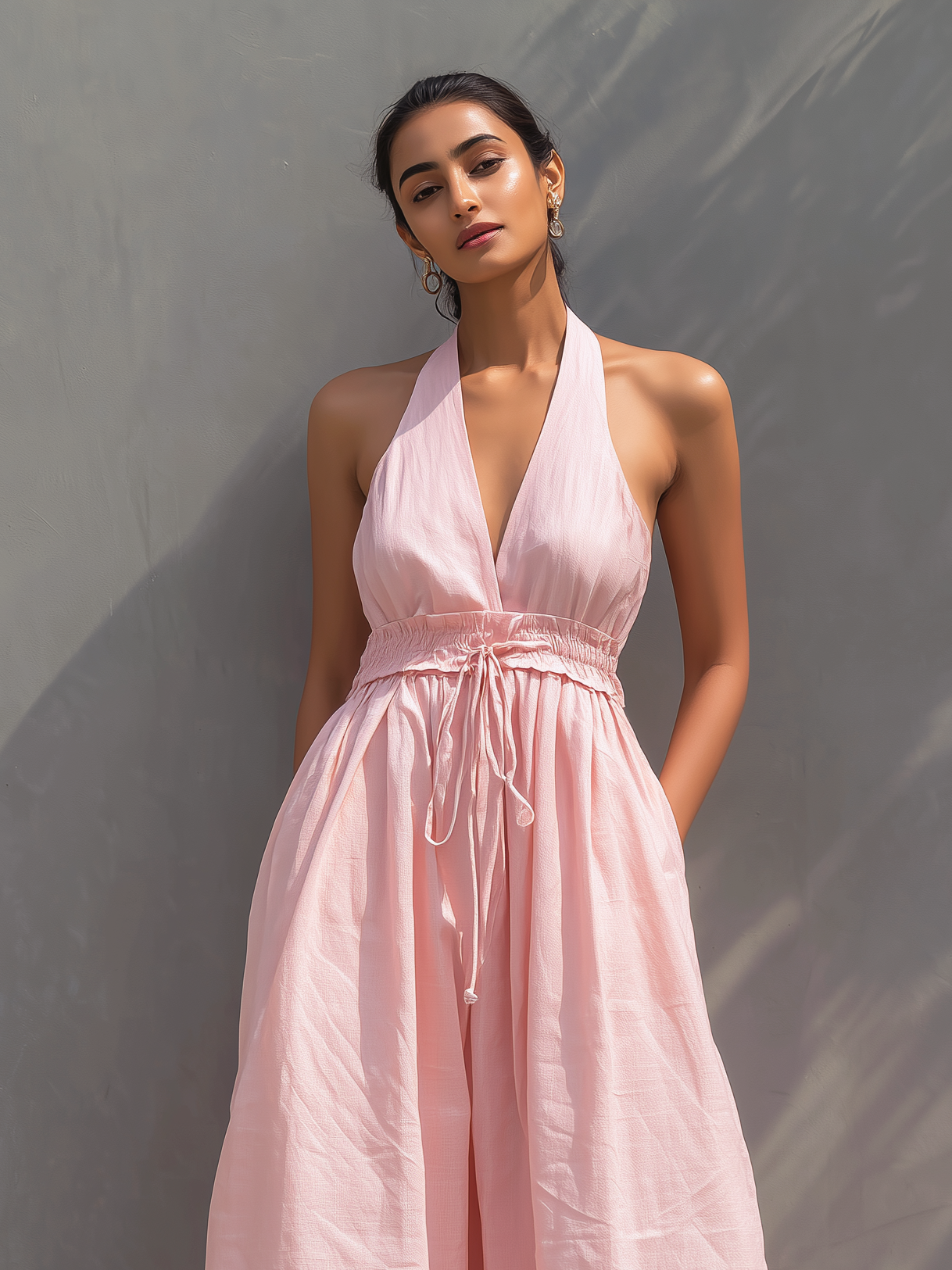 Women's Elegant Light Pink Cotton Linen Halter Neck Sleeveless Jumpsuit MDZ2765B4AN