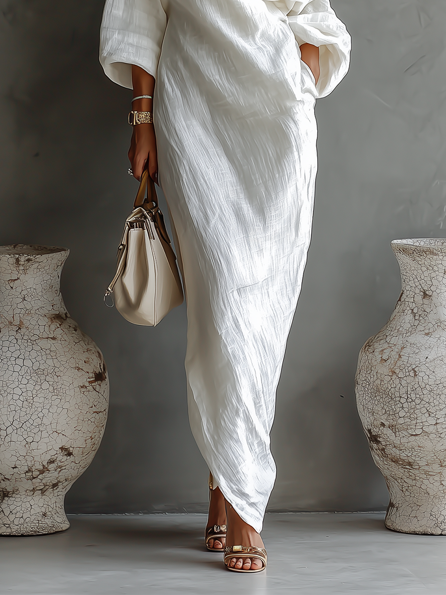 Women's Ivory White Cotton-Linen Blend One-Shoulder Flowing Elegant Dress MDA3032K4T