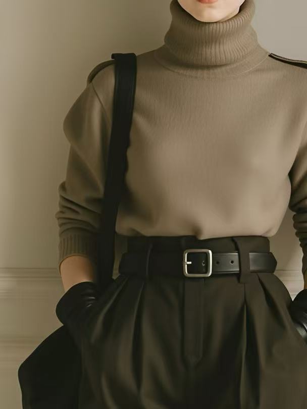 A Woman's Elegant Khaki Collared Sweater Paired With Dark Green High-waisted Jogger Pants Suit. MDA0588K7AN