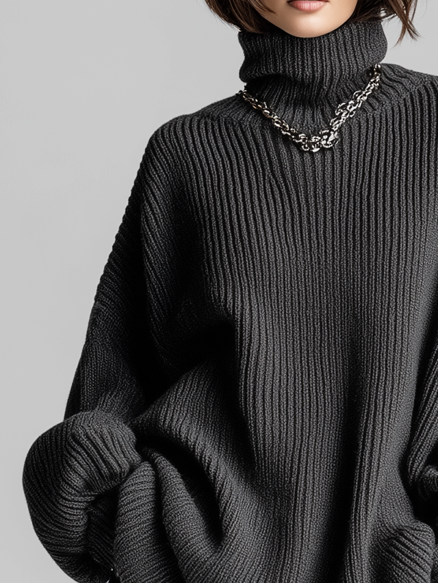 Women's Elegant And Fashionable Gray Turtleneck Long-sleeved Wide-cut Short Sweater Dress MDA0837K5AN