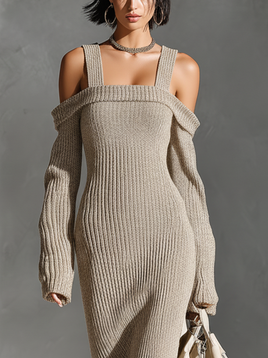 Women's Beige Knitted Off-Shoulder Slim Fashion Midi Dress MDA2757J8T