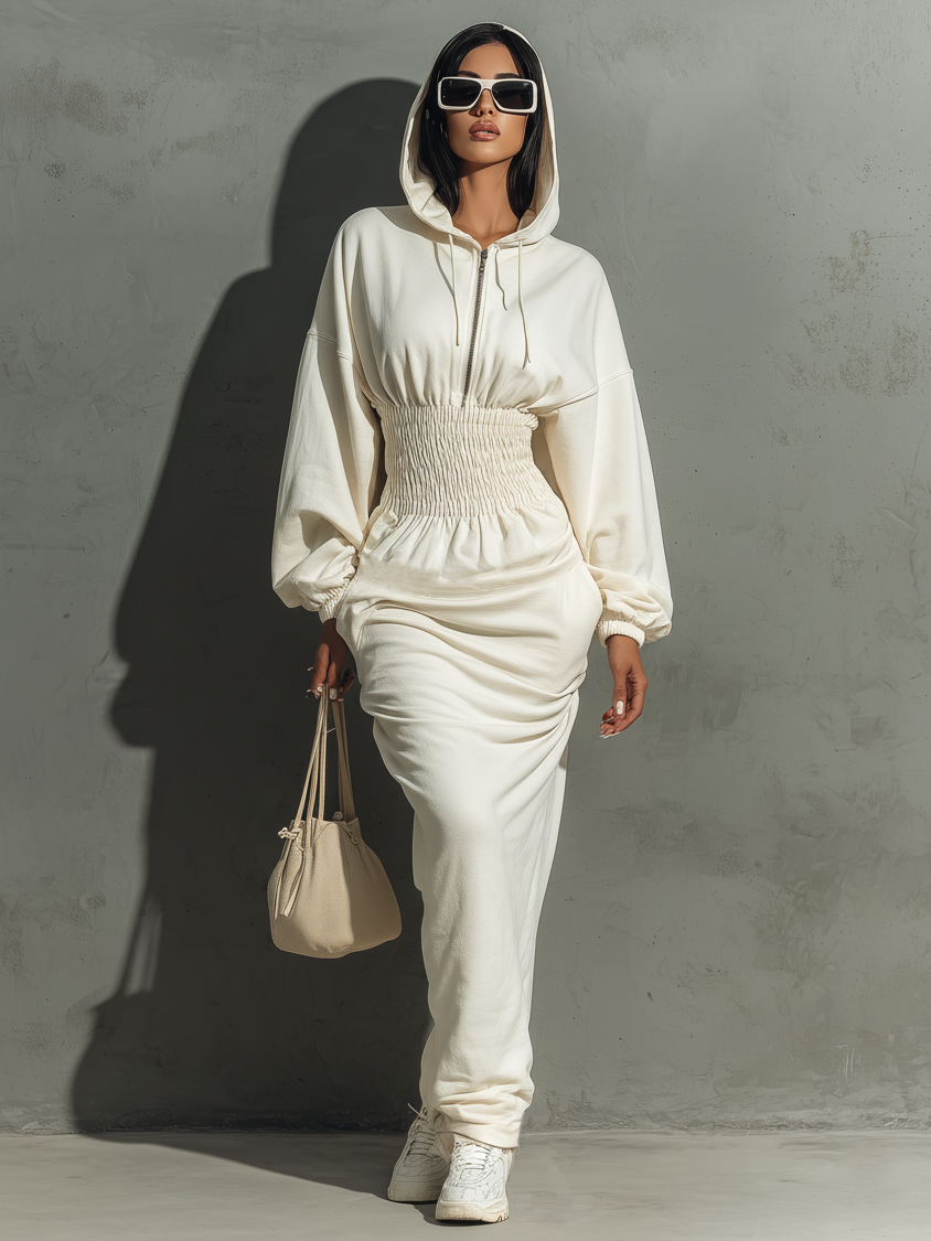 Women's Minimalist Waist Shirring Hooded Sweatshirt Maxi Dress MDA1965L4Y