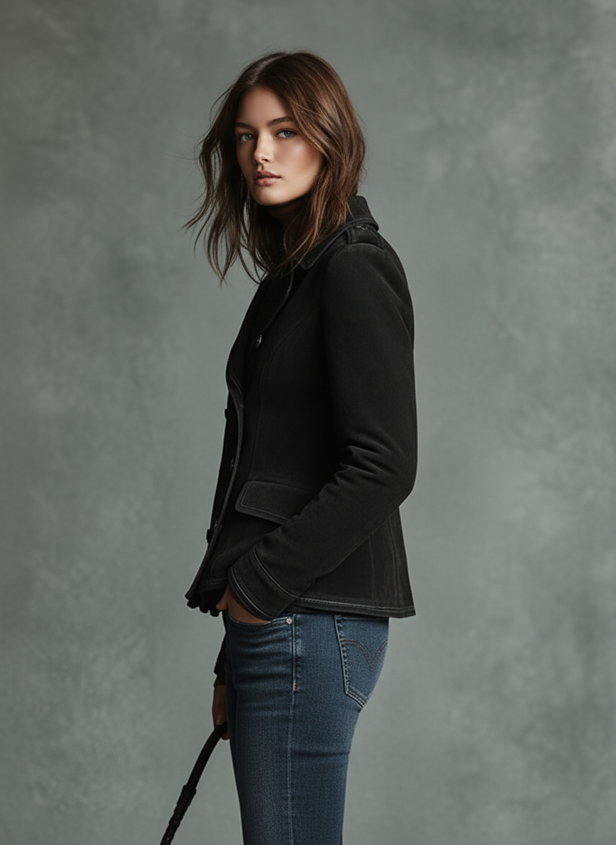 Women's Retro Double-Breasted Emblem Faux Suede Jacket MDA2864J4Y