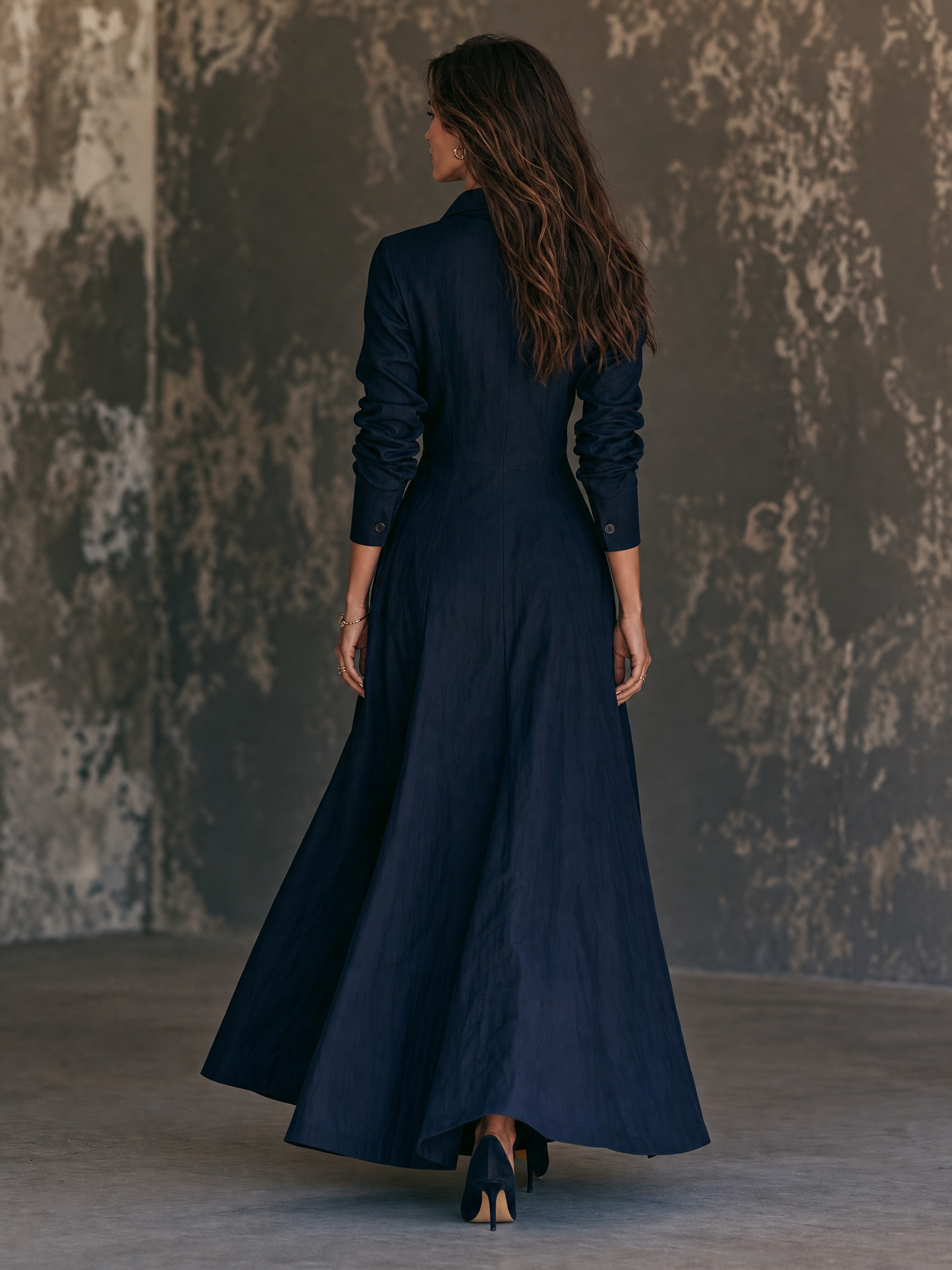 Women's Minimalist Lapel Long-Sleeve Single-Breasted Maxi Dress MDZ0607H3WY