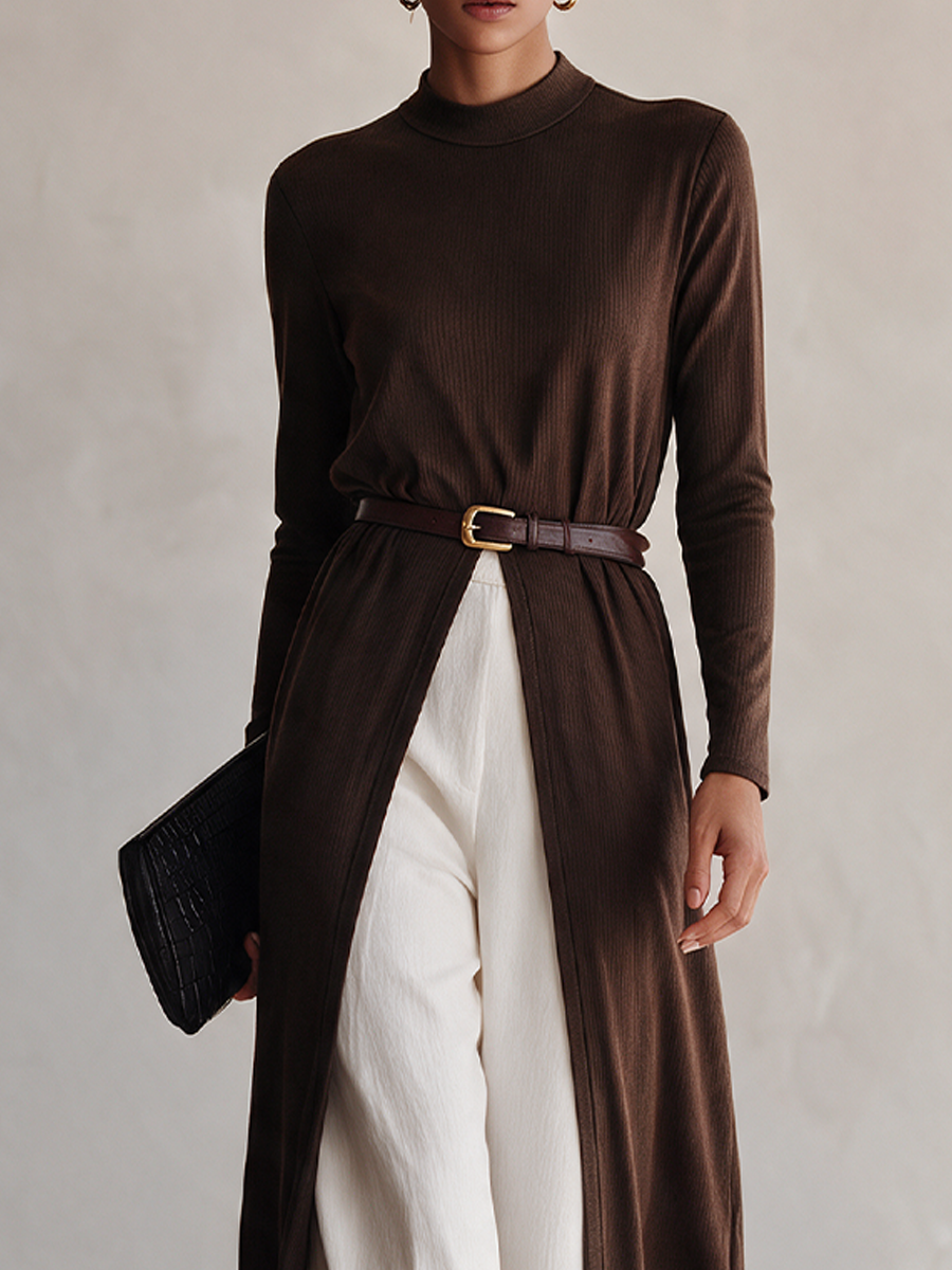 Women's Ribbed Knit Long Top & Cotton-Blend Wide-Leg Pants Set (Belt Not Included) MDZ0730I4ZRK
