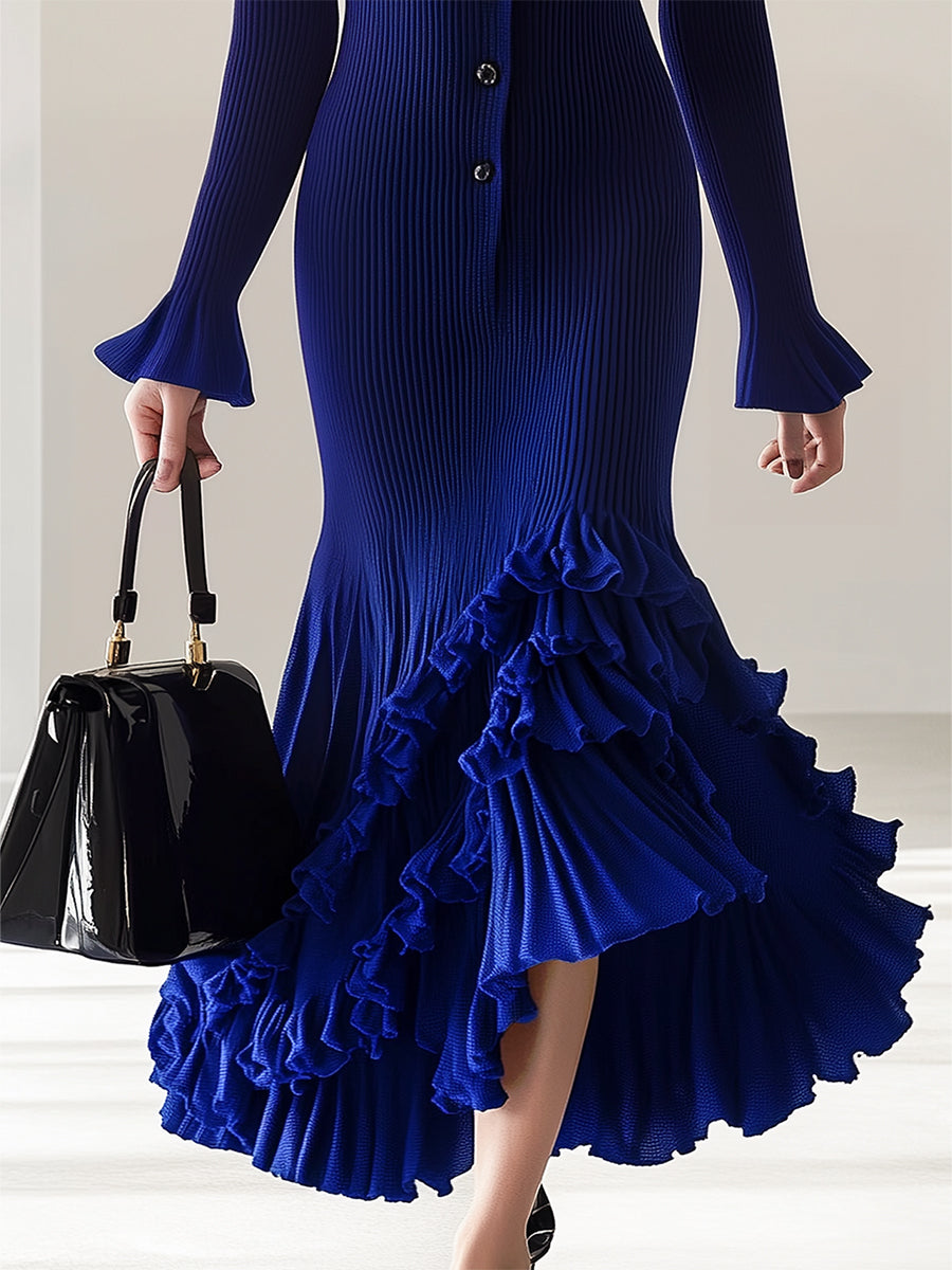 Women's Elegant Royal Blue Knitted Dress With Ruffle Hem Design Maxi Dress MDA0204H6I