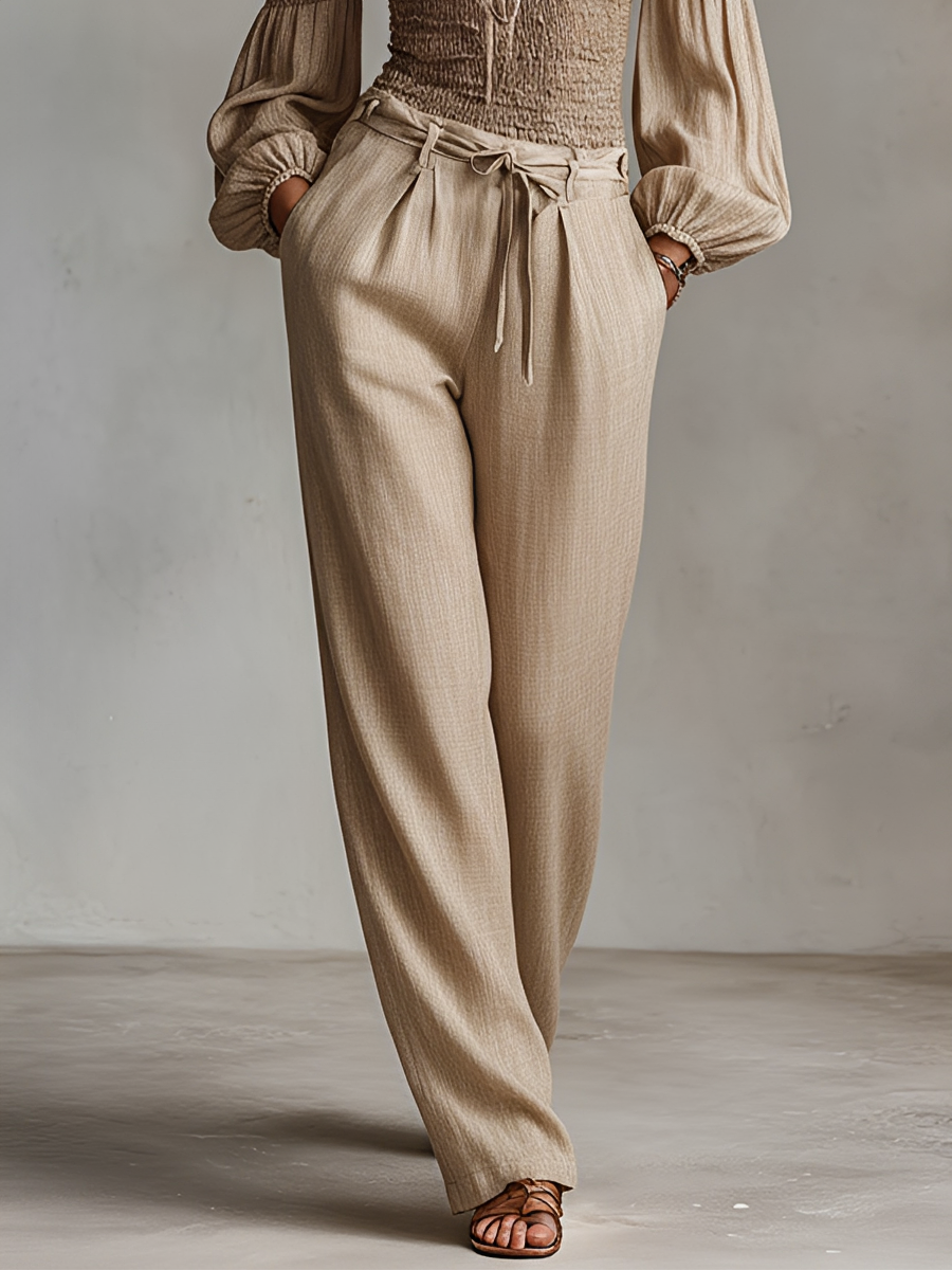 Women's Beige Linen Set With Off-Shoulder Top & Ruched Bodice, Timeless Boho-Chic Style Set MDZ2616B4I