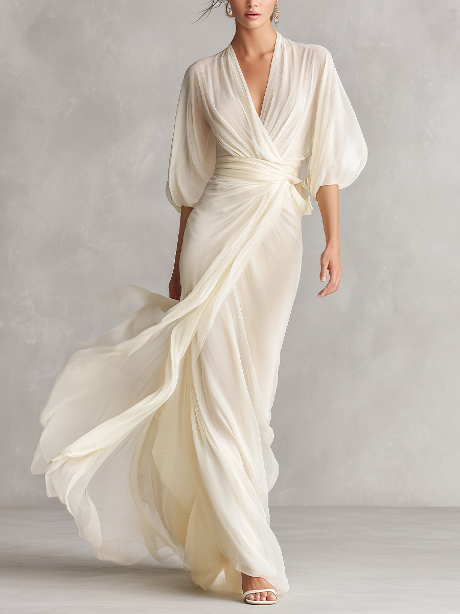 Women's Ivory Sheer Chiffon Dress With Puff Sleeves & Wrap Detail, Timeless Romantic-Luxe Style Dress MDZ0932A1I