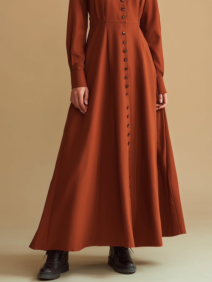 Women's Caramel-Colored Cotton Blend Stand Collar Maxi Dress MDA3045J7T