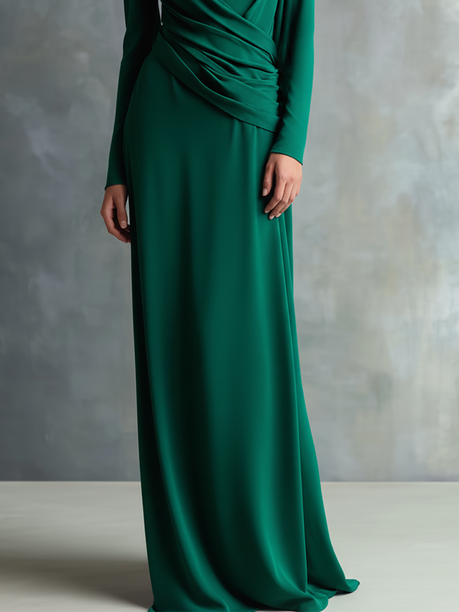 Women's Dark Green Draped Fabric High-neck Pleated Waist Maxi Dress MDA0135K5T