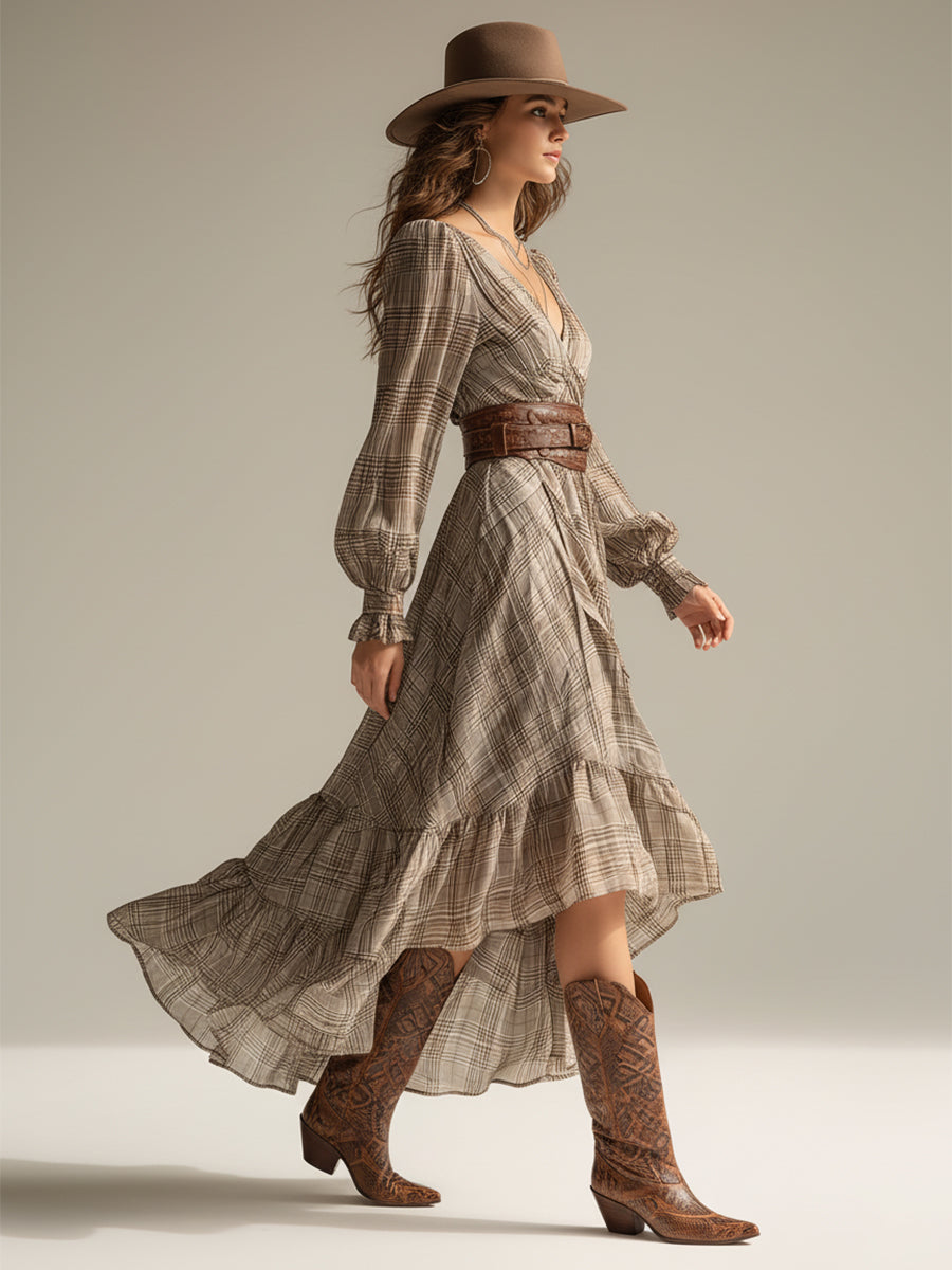 Women's Beige - Plaid Bohemian Chiffon Ruffled Midi Dress (without Belt) MDA0679H1I