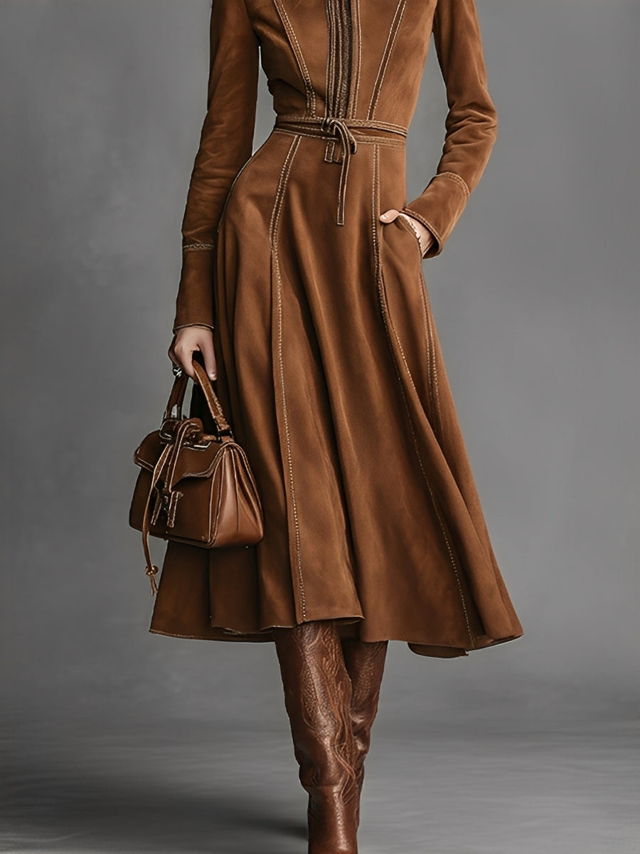 Women's Brown Suede Elegant Midi Dress With Zip-Front & Tie-Waist, Vintage Western Style Dress MDA2776J1I