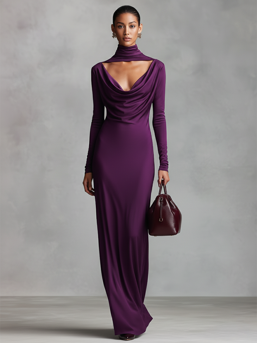 Women's Plum Stretchy Satin Elegant Dress With Cowl Neck Glamorous Evening Style Dress MDA2535K1I