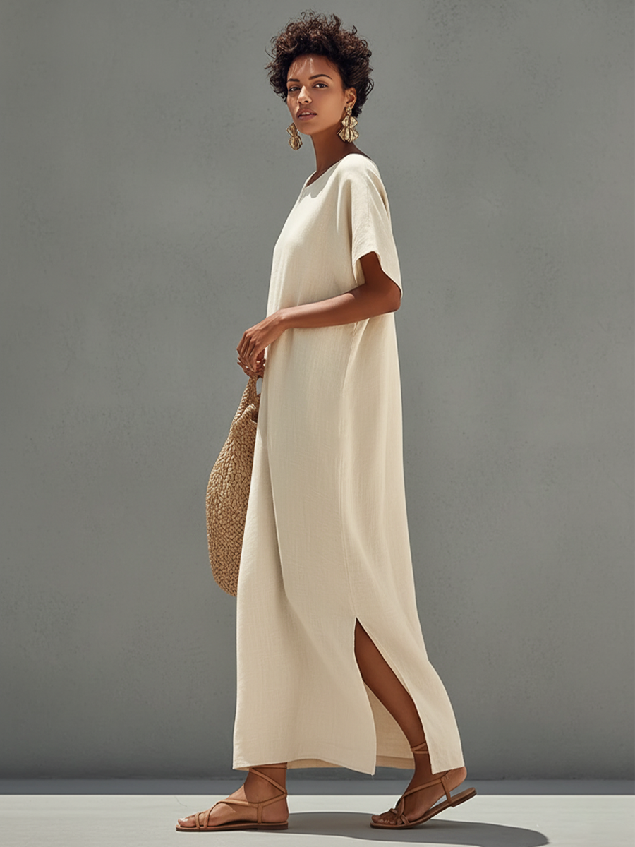 Women's White Cotton Dress With Relaxed Fit & Minimalist Design, Timeless Resort-Casual Style Dress MDZ0528B5I