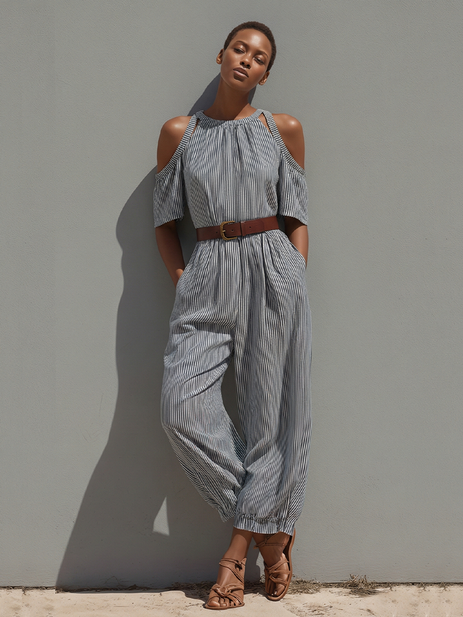 Women's Blue & White Striped Linen Jumpsuit With Ruffled Halter Neck & Tapered Ankles, Timeless Resort-Chic Style Jumpsuit MDZ1180B2I