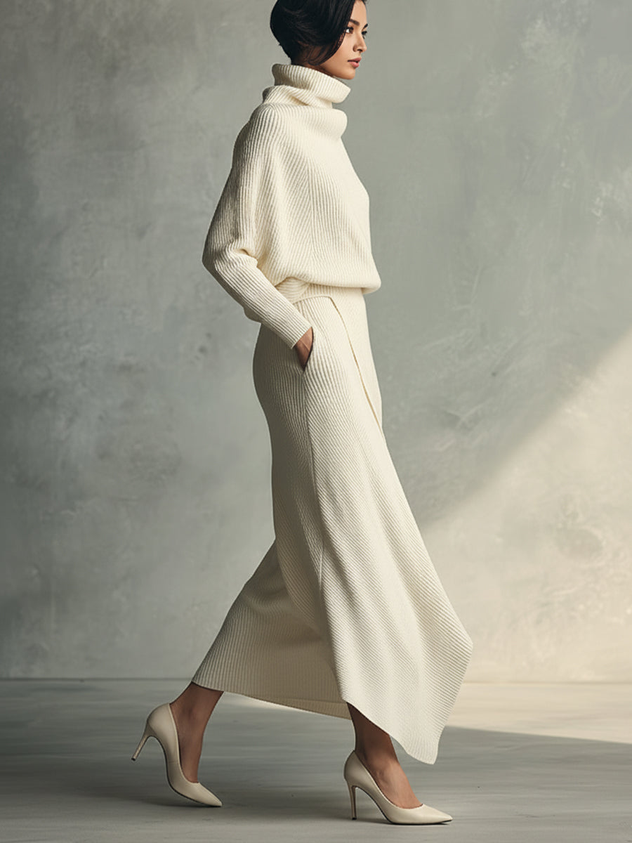 Women's Cream Elegant Rib - Knit Cowl Neck Wrap Skirt Set MDA1348H3I