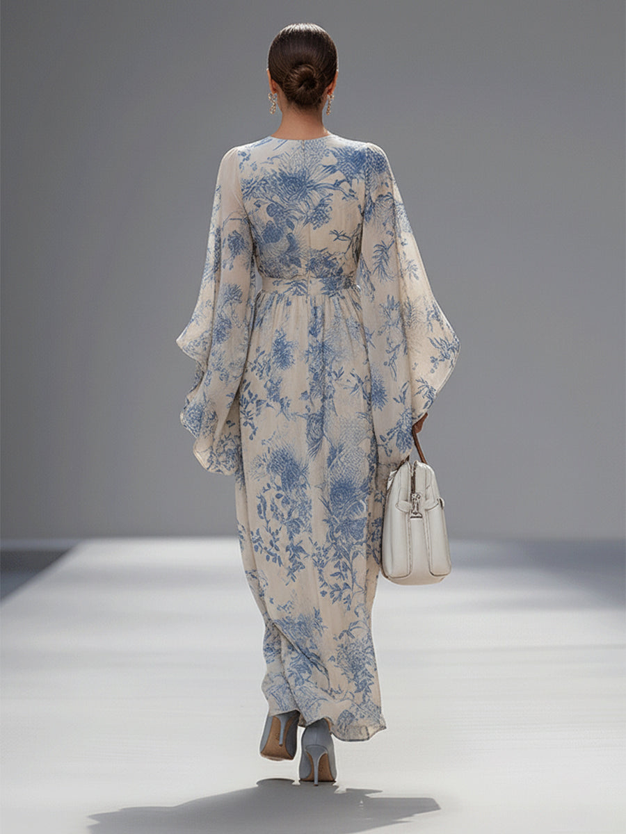 Women's Elegant Blended Printed Bell Sleeve High Waist Maxi Dress MDA3069G1I