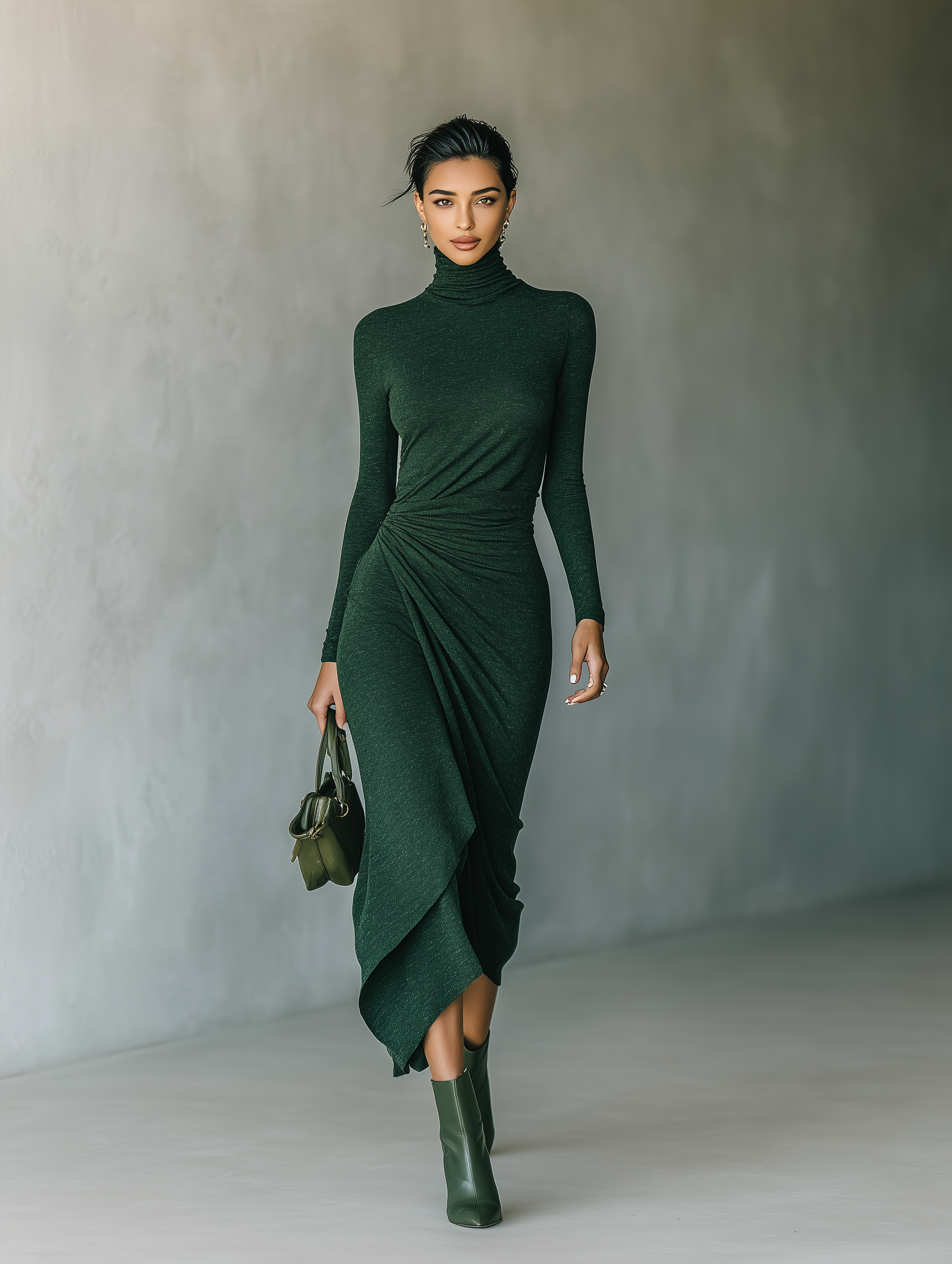 Women's Dark Green High-elastic Knitted High-neck Wrap Dress Midi Dress MDA2023J2T