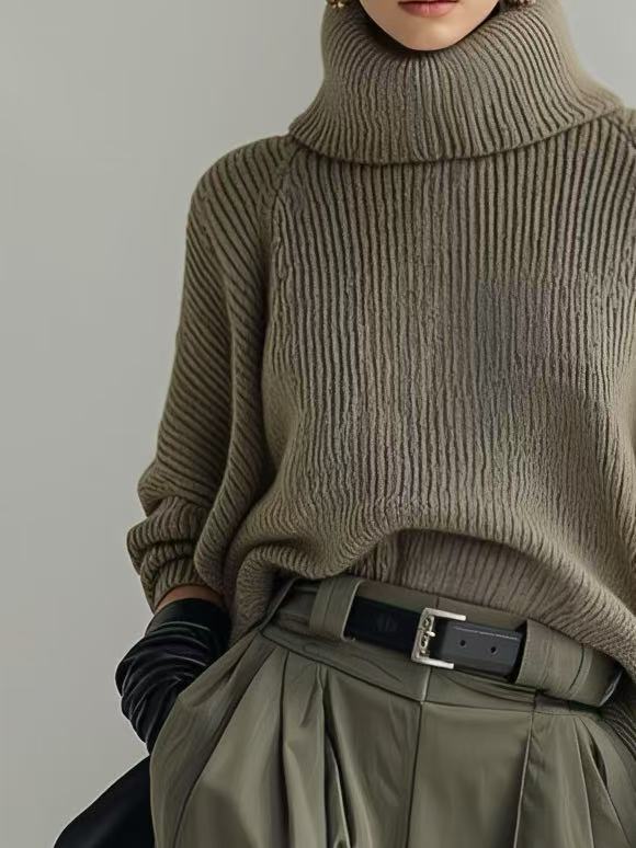 Women's Fashionable Casual Army Green Loose-fitting Turtleneck Sweater Set MDA0586K6AN