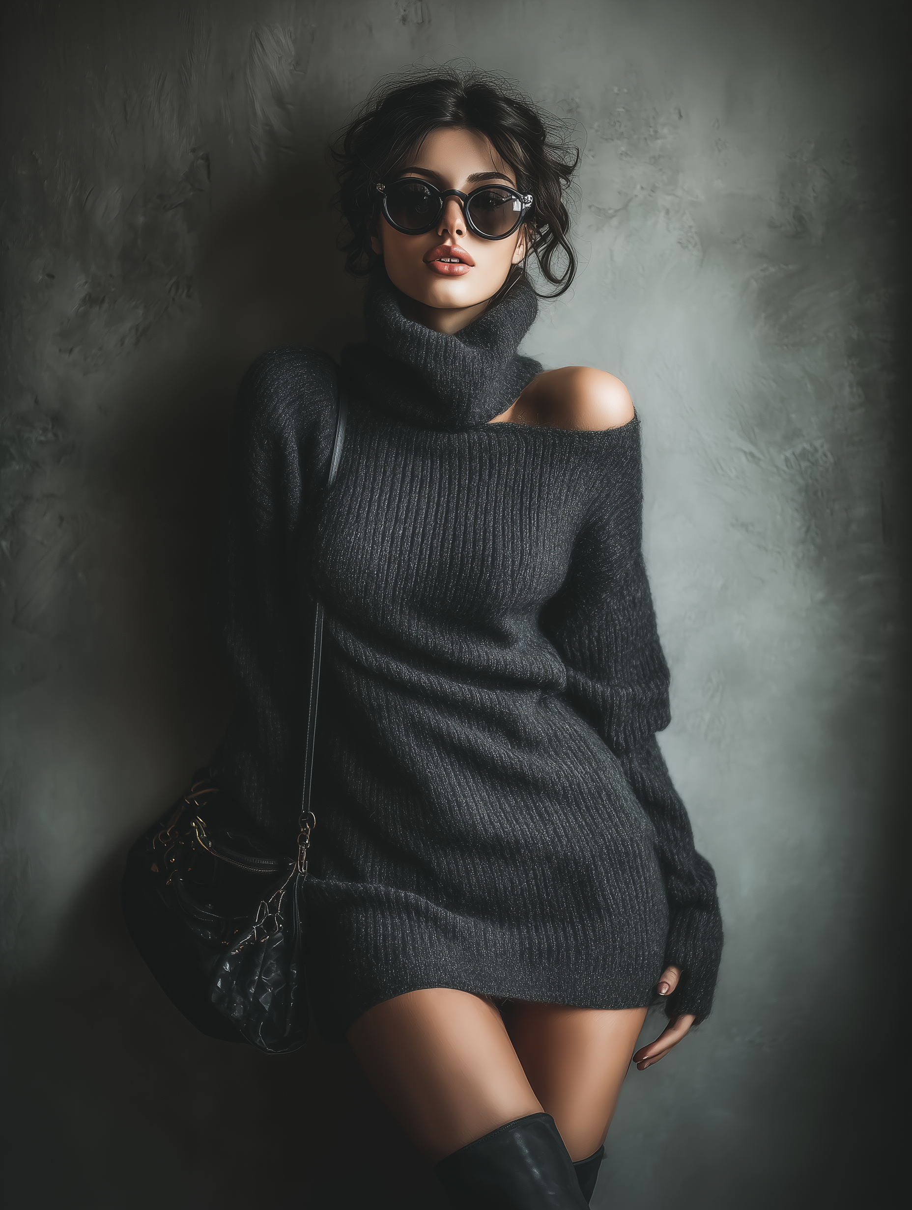 Women's Minimalist Knitted Turtleneck One-shoulder Mini Dress MDA1563L6Y