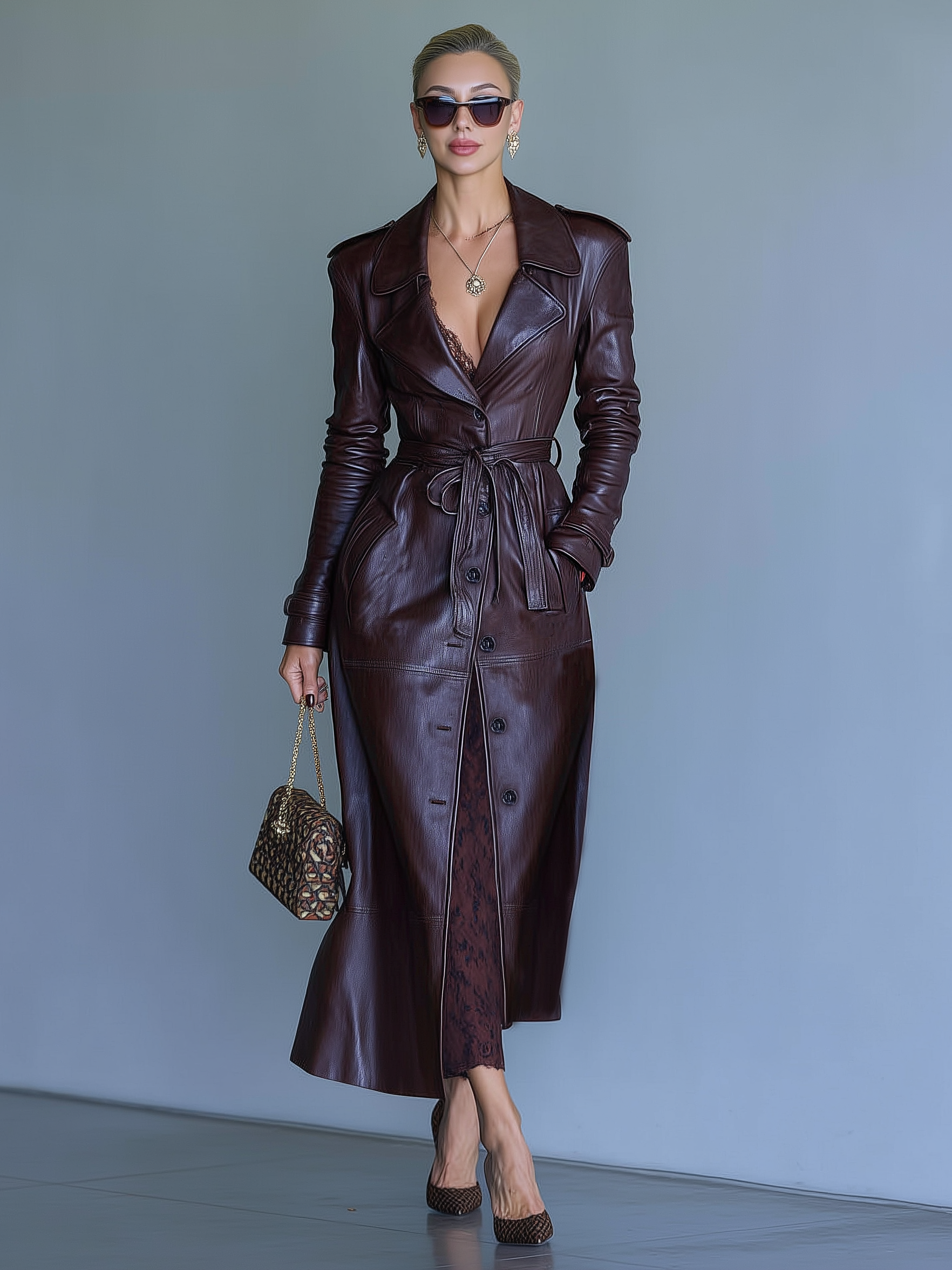 Women's Faux Leather Lapel Single-Breasted Belt Long Trench Coat MDA2842I8Y
