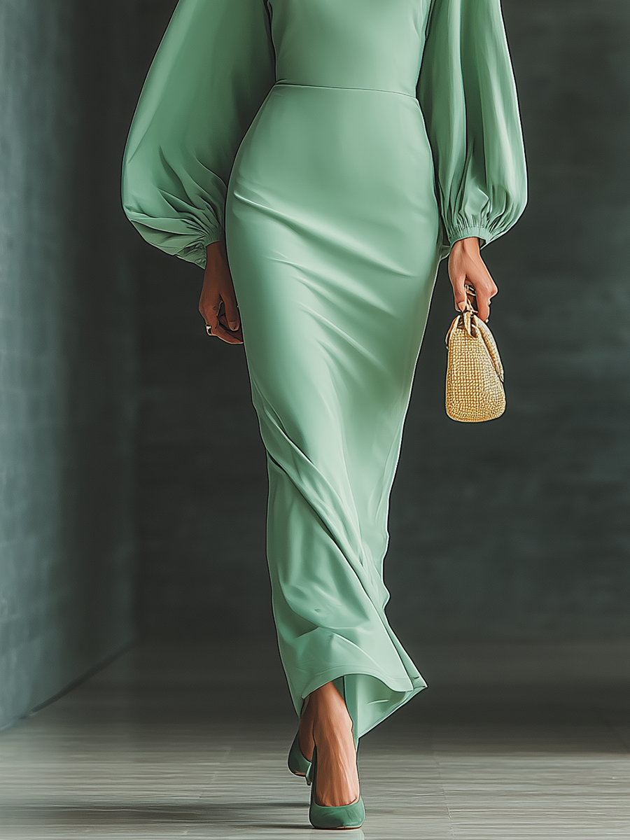 Women's Mint Green Satin High-neck Lantern Sleeve Maxi Dress MDA1024I8T