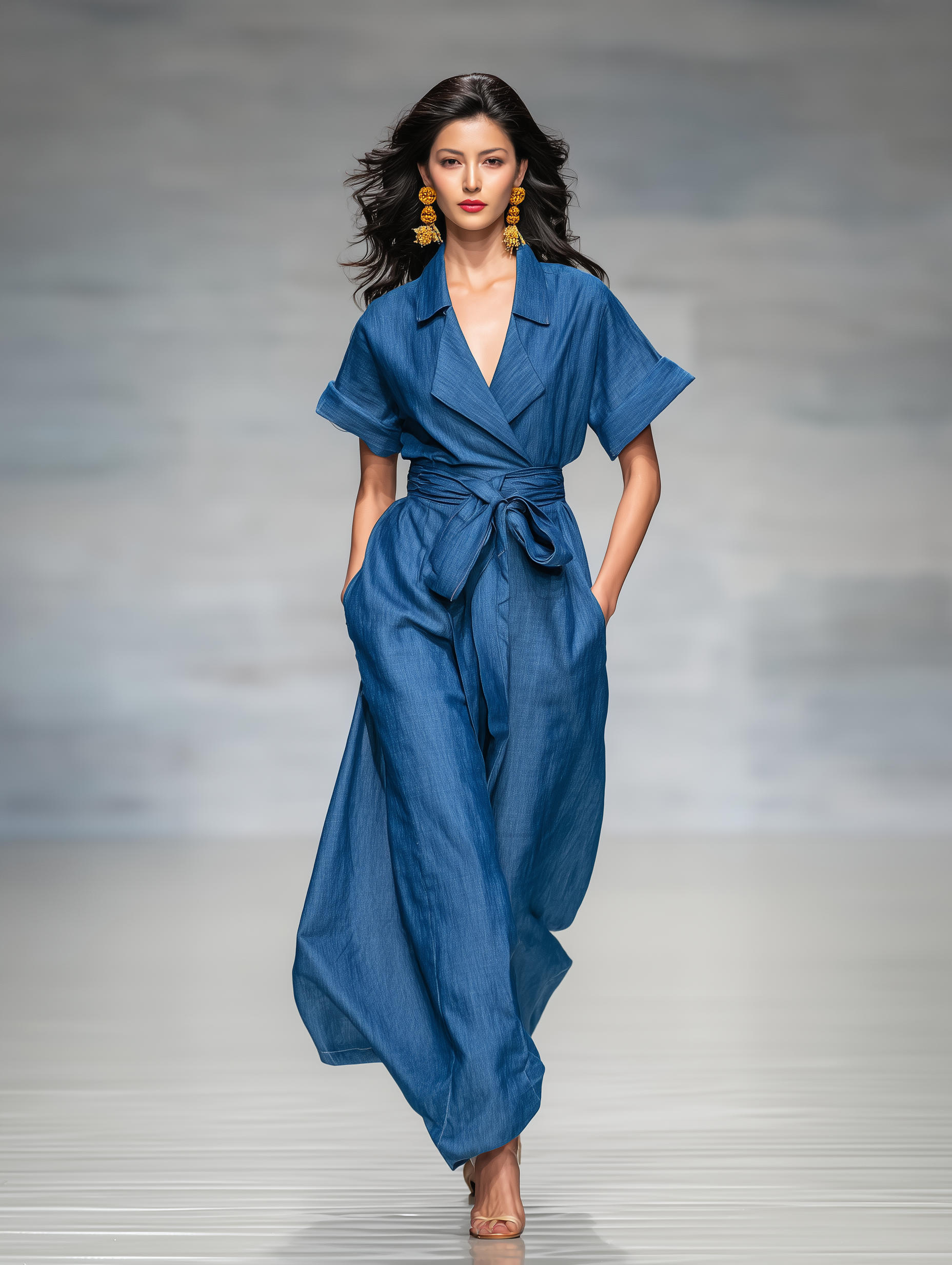 Women's Elegant Blue Denim-look Short-sleeved Jumpsuit MDA3176L7AN