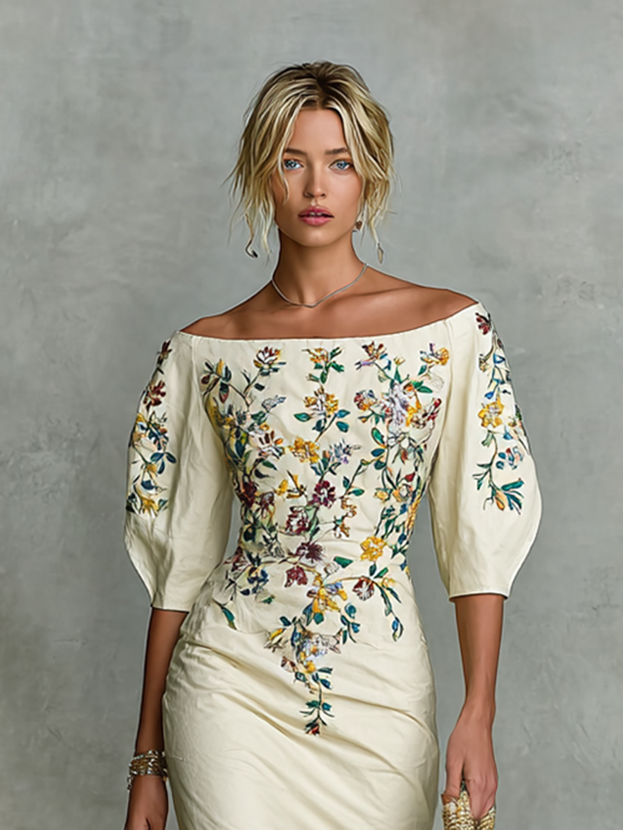 Women's One-shoulder Neck Mid-length Sleeve Floral Embroidery Waist-length Midi Dress MDA1927G4Y