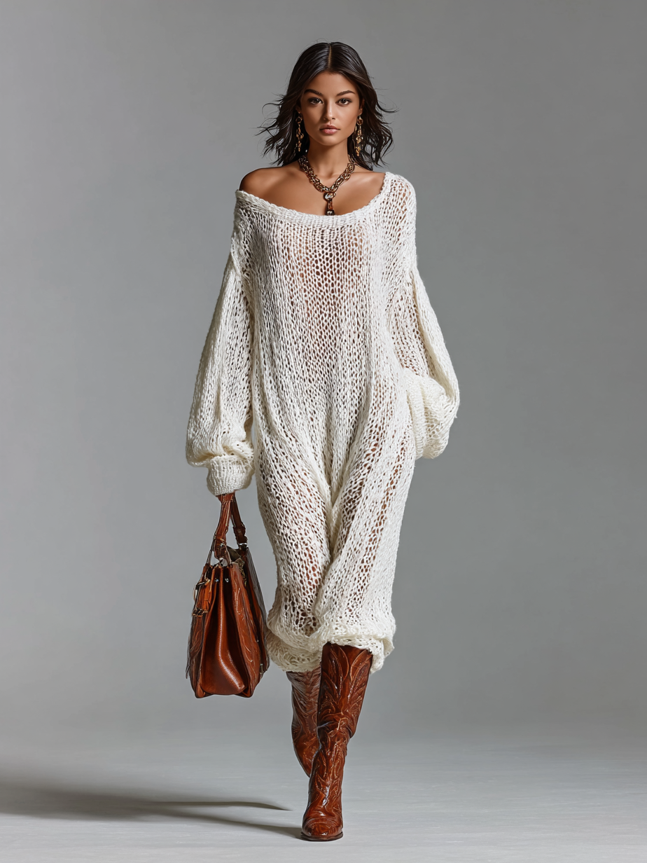 Women's Loose Knitted Round Neck Long Sleeve Maxi Dress MDA1235H4Y