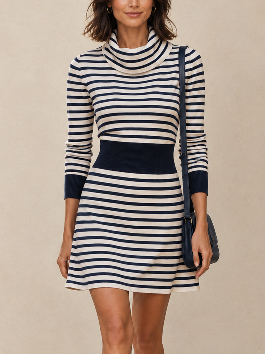 Women's Retro Striped Knit Cowl-Neck Mini Dress