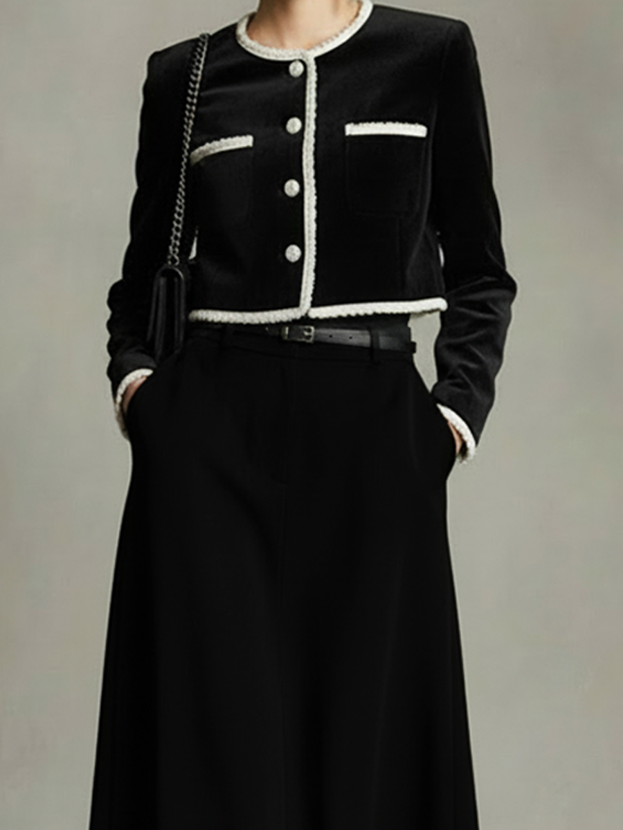 Women's Black Velvet Two-Piece Jacket And Midi Skirt Set (Belt Not Included) MDA1273L0AP