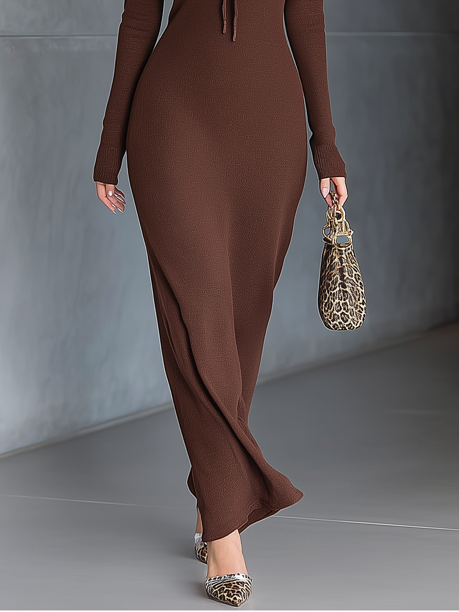 Women's Dark Brown Knitted V-neck Strappy Design Slim-fit Maxi Dress MDA1017I4T