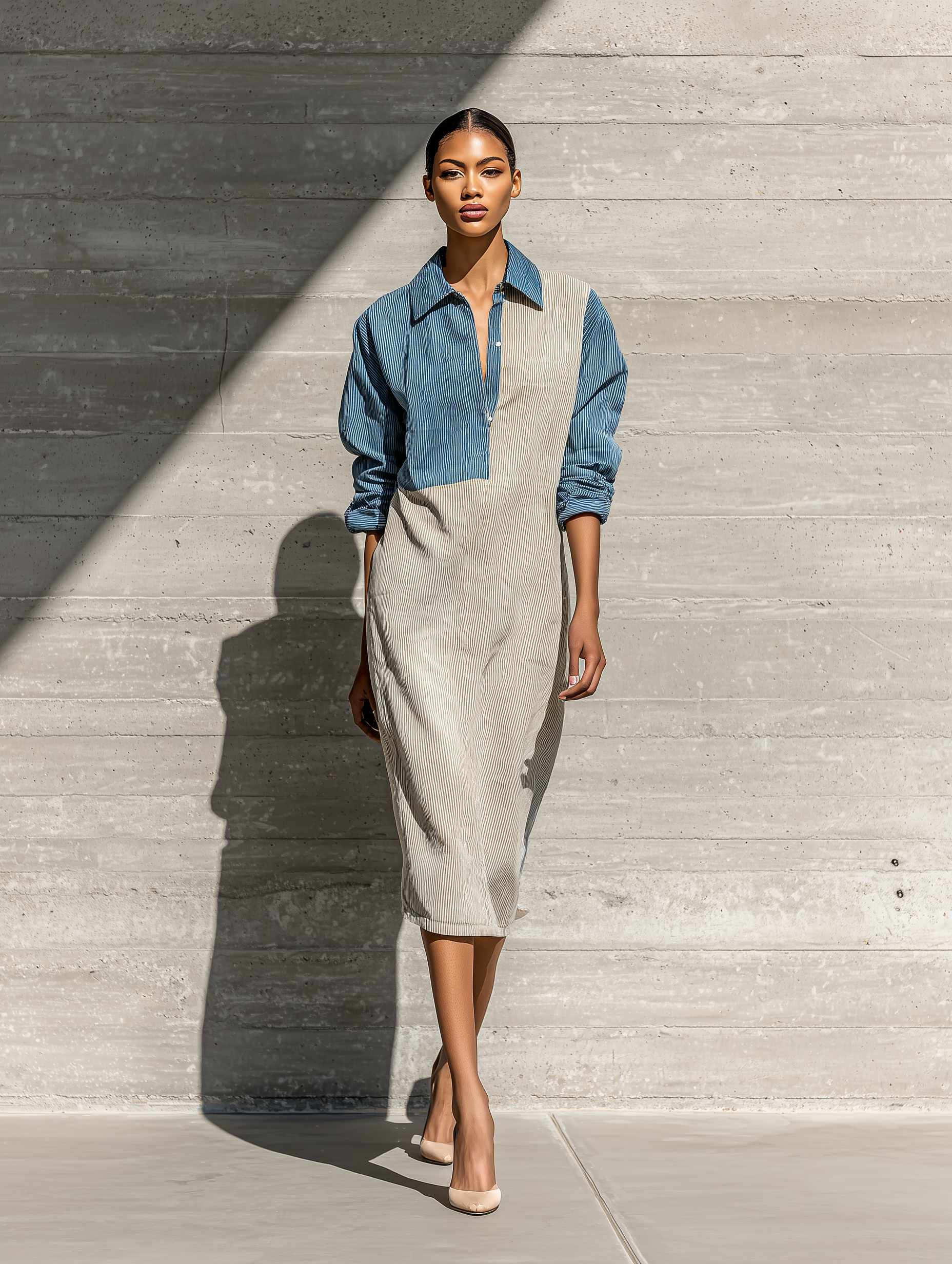 Women's Long Sleeve Colorblock Blue Beige Dress MDZ2447H4YZJ