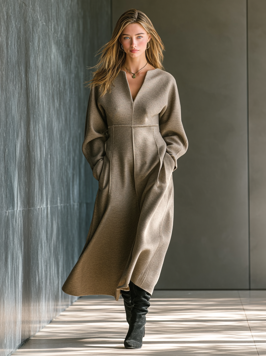 Women's Loose Cotton Blend V-neck Long-sleeved Maxi Dress MDA1690I7Y