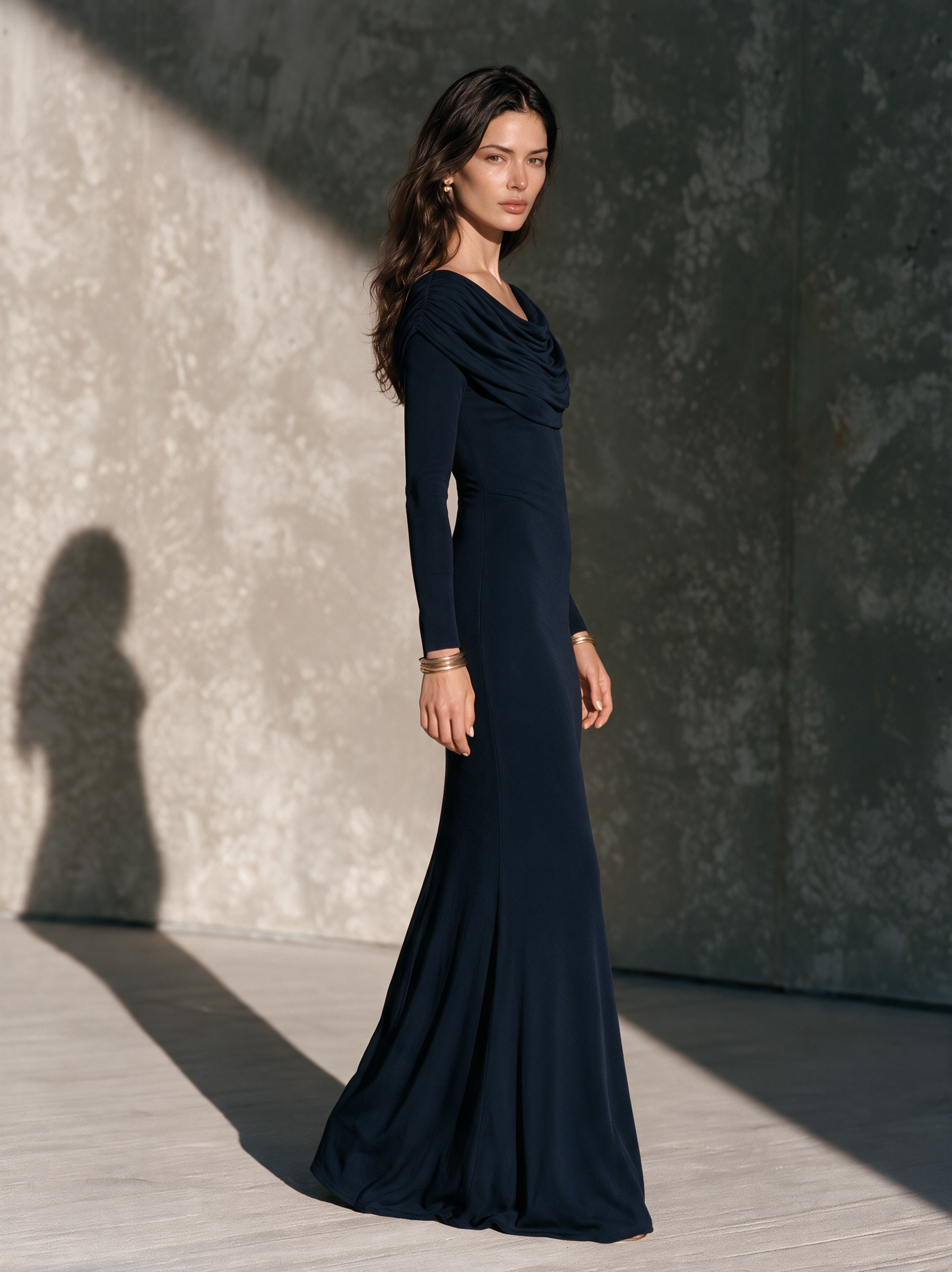 Women's Long-Sleeve Knit Maxi Dress With Ruched High Neck