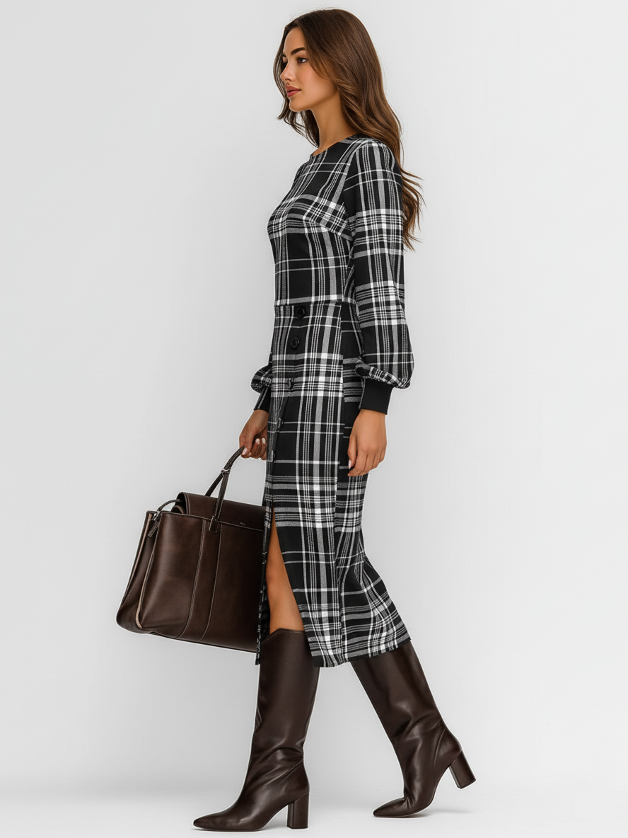 Women's Plaid Round Neck Long Sleeve Slit Midi Dress MDA2970I2Y