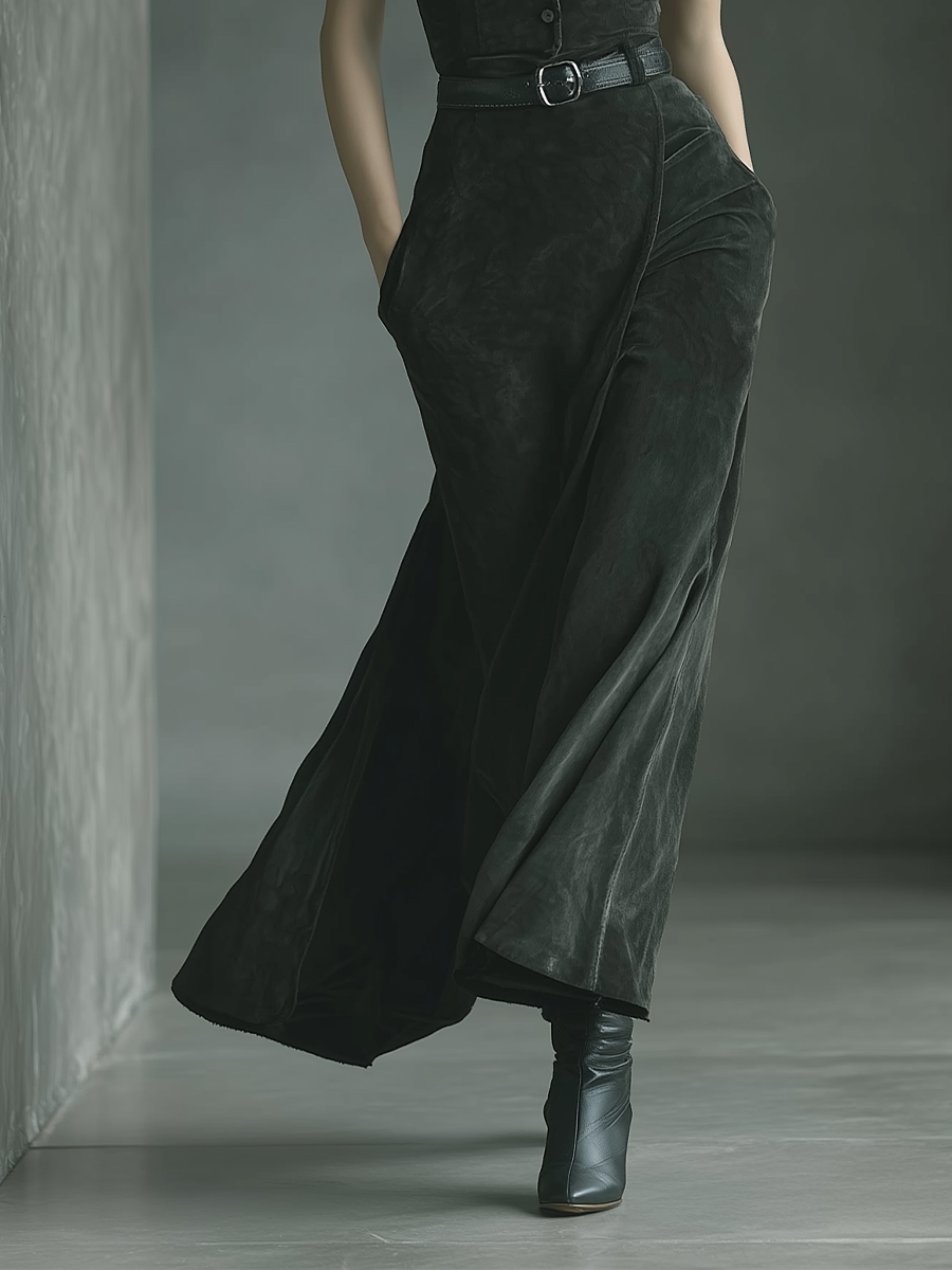 Women's Dark Grey Faux Suede Sleeveless Dress With Front Buttons And Pockets MDA1597L1T