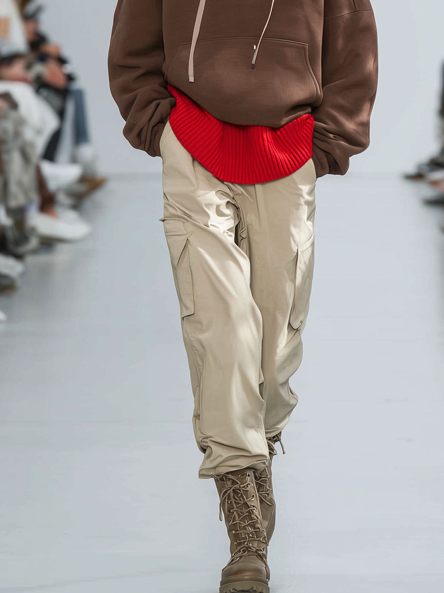 Women's Red Knit Trim Detail Hoodie In Cozy Cotton-Blend With Beige Cargo Joggers – Streetwear Set MDA0368K9I