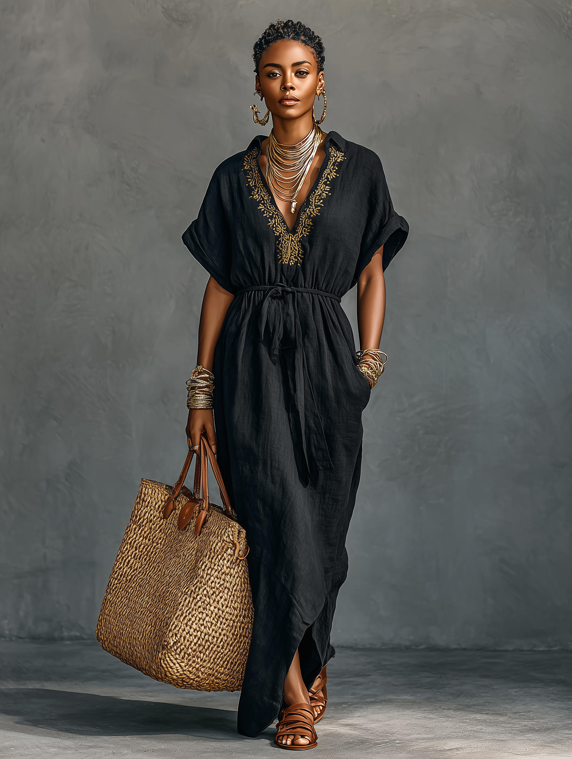 Women's Minimalist Linen Blend Embroidered Drawstring Short-sleeved Maxi Dress MDZ0628A3Y