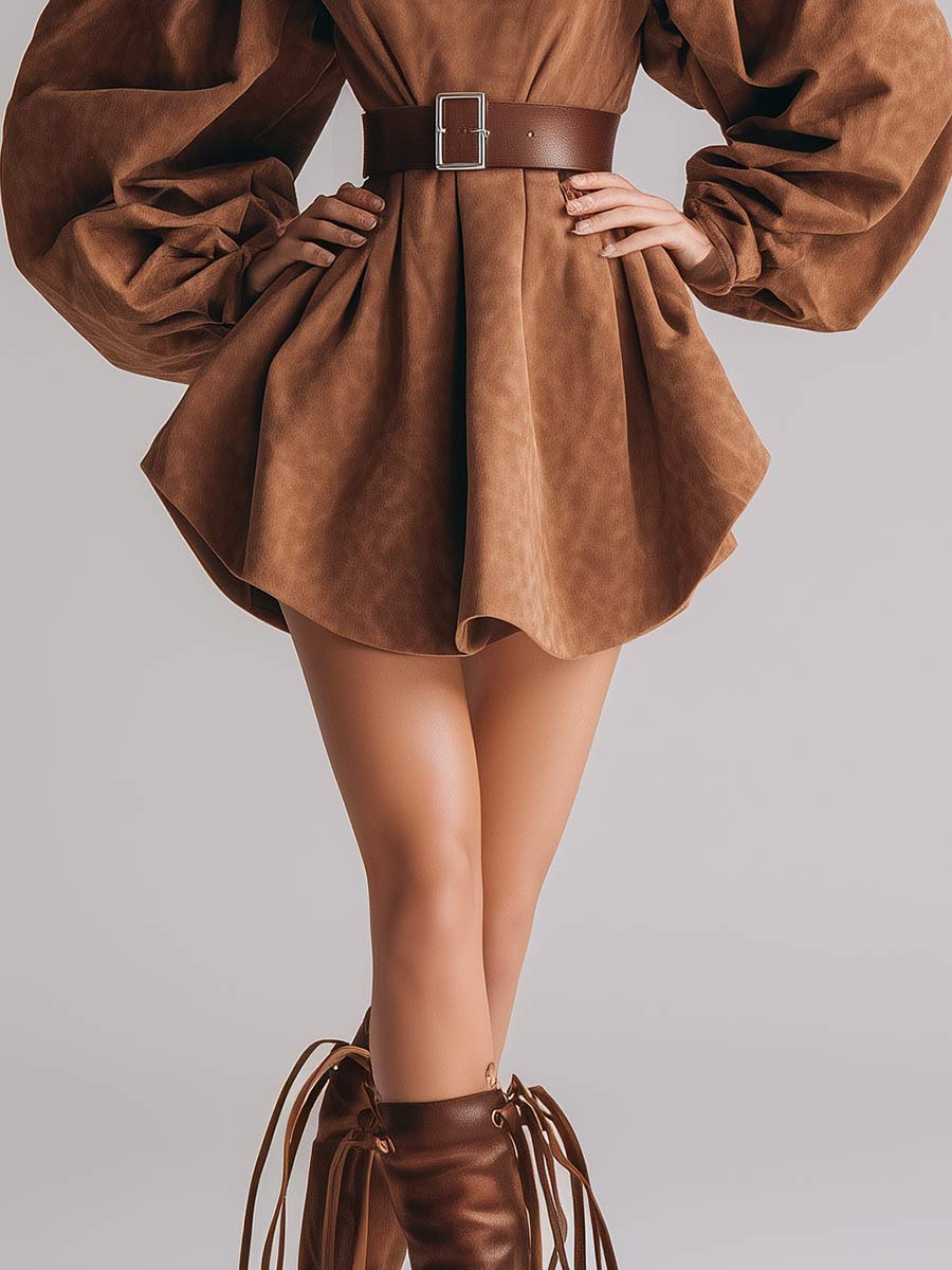 Women's Puff Sleeve Suede Vintage Palace Style Mini Dress MDA0460I6A