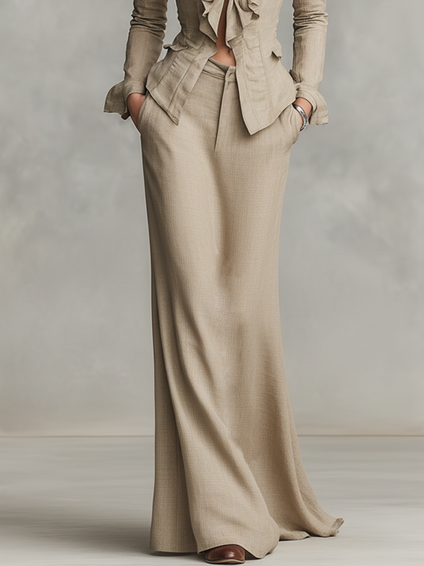 Women's Minimalist Cotton And Linen Ruffled Collar Shirt And Straight-leg Floor-length Skirt Set MDA2187K0Y